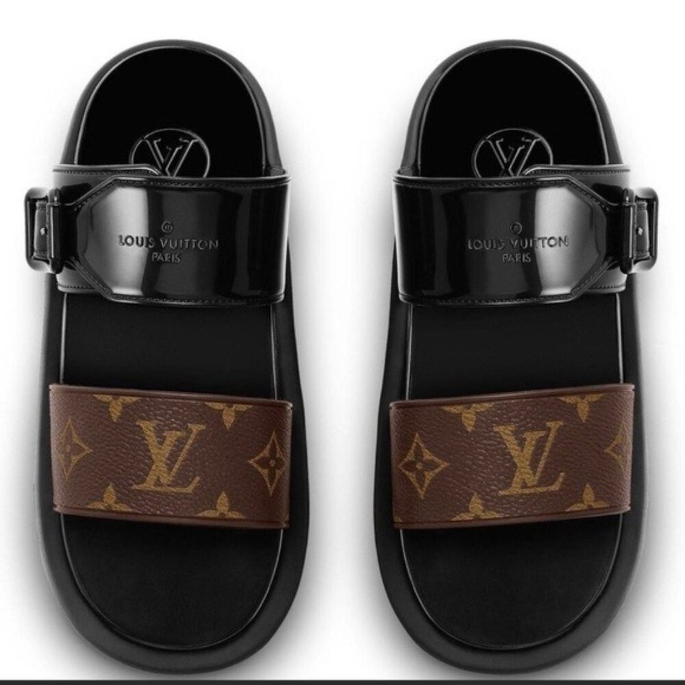 Louis Vuitton Sunbath Flat Mules in Brown Monogram Canvas & Black Rubber